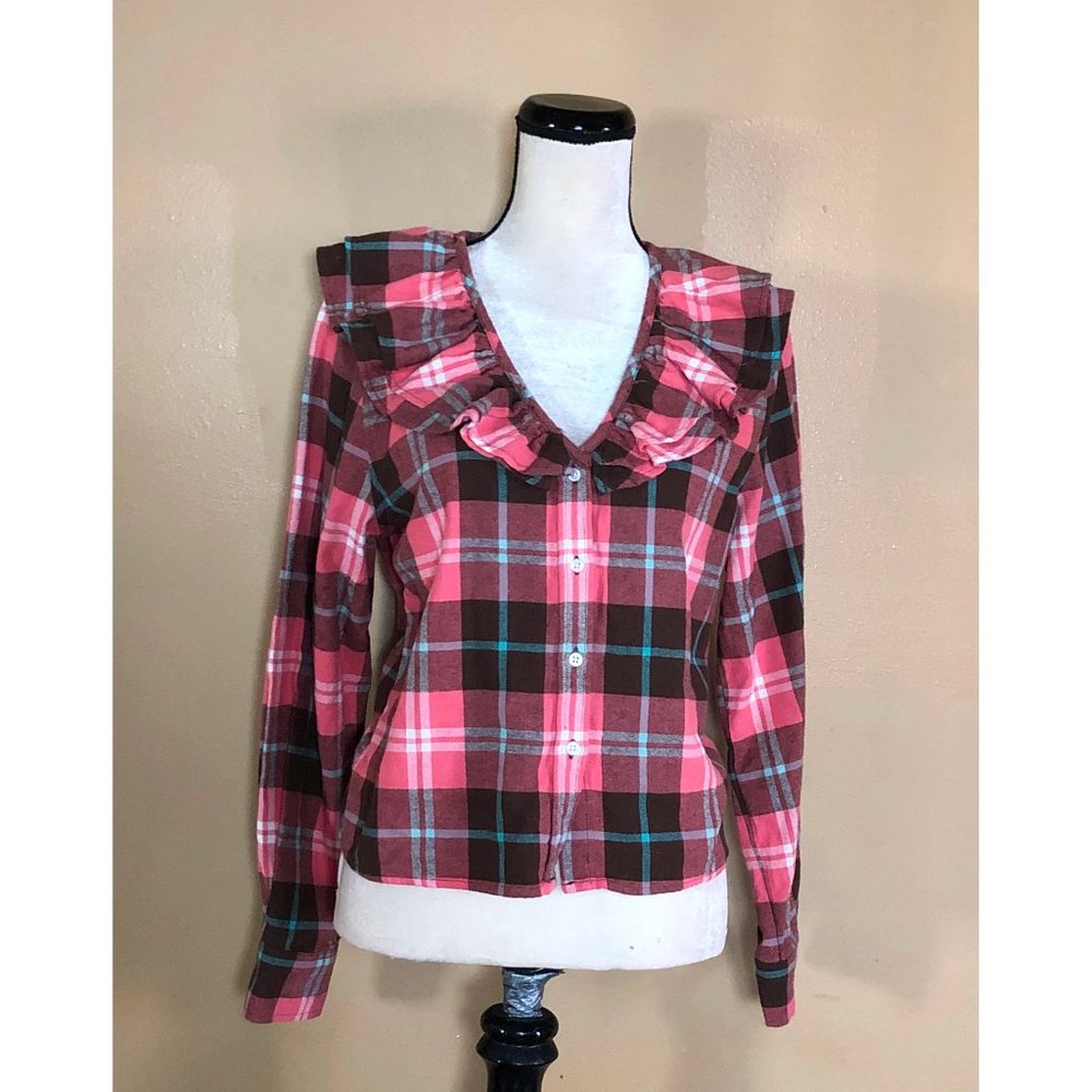 The Shirt by Rochelle Behrens Pink and Brown Plaid Top new with tags